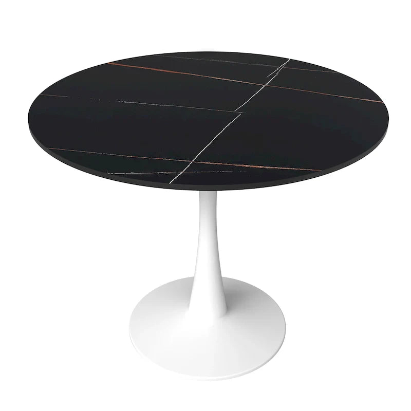 Bristol 35-Inch Round Dining Table for 4 with Sintered Stone Top and White Stainless Steel Pedestal Base 35