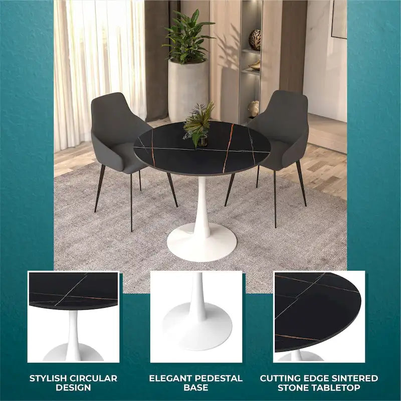 Bristol 35-Inch Round Dining Table for 4 with Sintered Stone Top and White Stainless Steel Pedestal Base 4