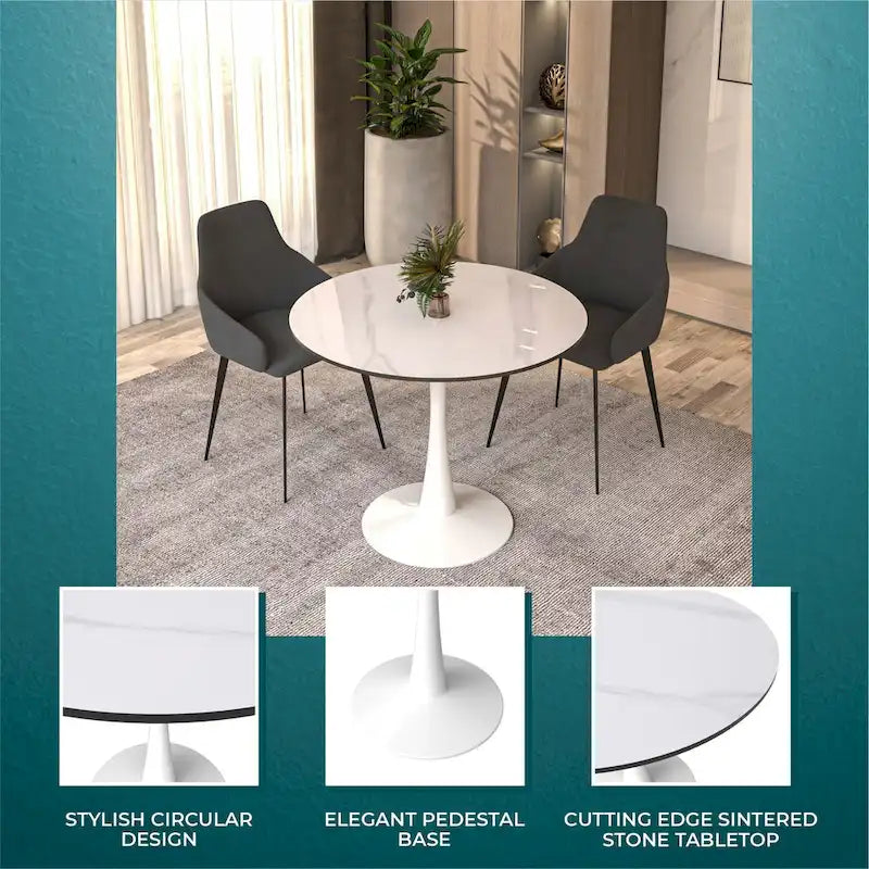 Bristol 35-Inch Round Dining Table for 4 with Sintered Stone Top and White Stainless Steel Pedestal Base 14
