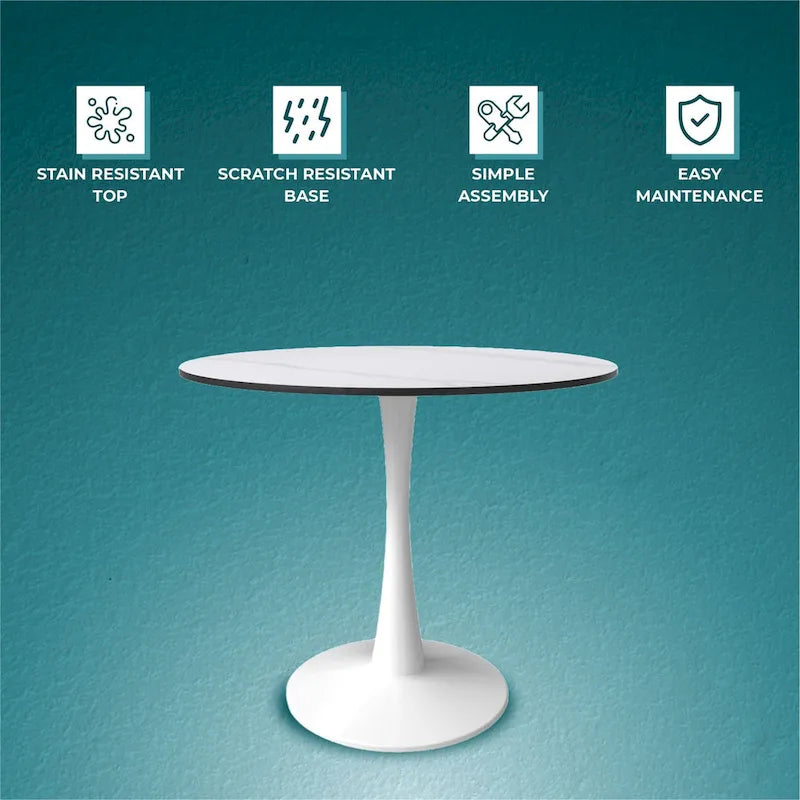 Bristol 35-Inch Round Dining Table for 4 with Sintered Stone Top and White Stainless Steel Pedestal Base 15