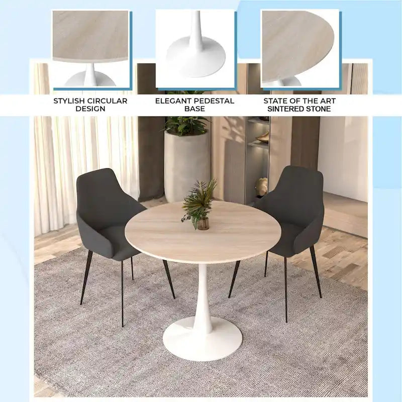 Bristol 35-Inch Round Dining Table for 4 with Sintered Stone Top and White Stainless Steel Pedestal Base 28