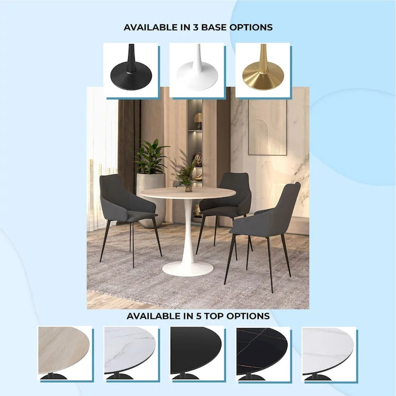 Bristol 35-Inch Round Dining Table for 4 with Sintered Stone Top and White Stainless Steel Pedestal Base 30