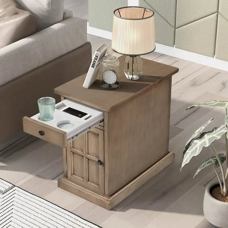 Retro-Inspired Living Room Side Table with USB Ports, Multifunctional Drawer, and Cup Holders 19