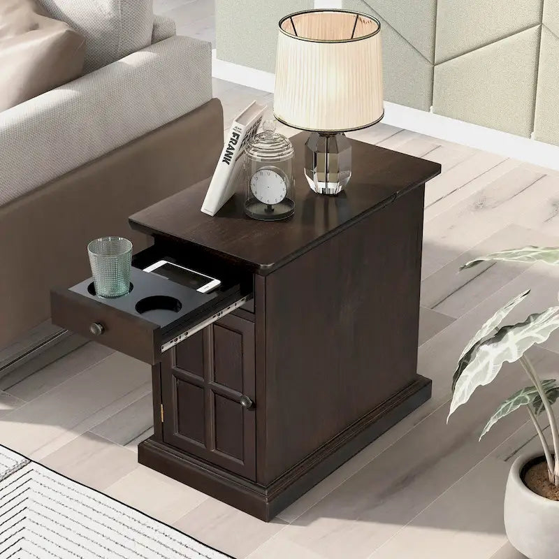 Retro-Inspired Living Room Side Table with USB Ports, Multifunctional Drawer, and Cup Holders 20