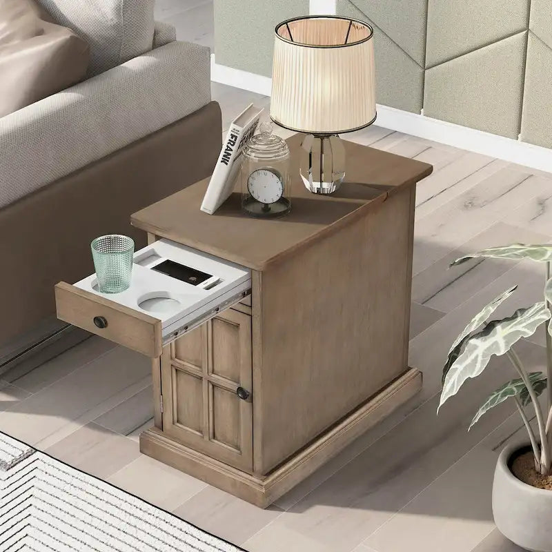 Retro-Inspired Living Room Side Table with USB Ports, Multifunctional Drawer, and Cup Holders 1