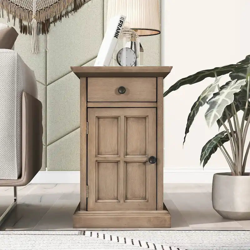 Retro-Inspired Living Room Side Table with USB Ports, Multifunctional Drawer, and Cup Holders 2
