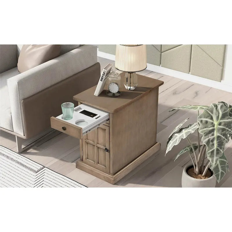 Retro-Inspired Living Room Side Table with USB Ports, Multifunctional Drawer, and Cup Holders 3