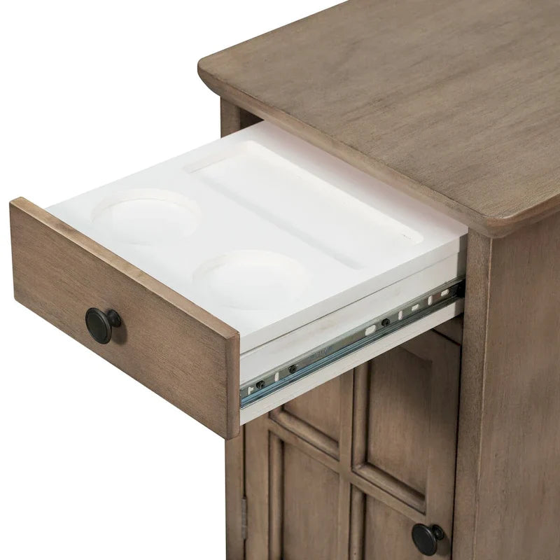 Retro-Inspired Living Room Side Table with USB Ports, Multifunctional Drawer, and Cup Holders 6