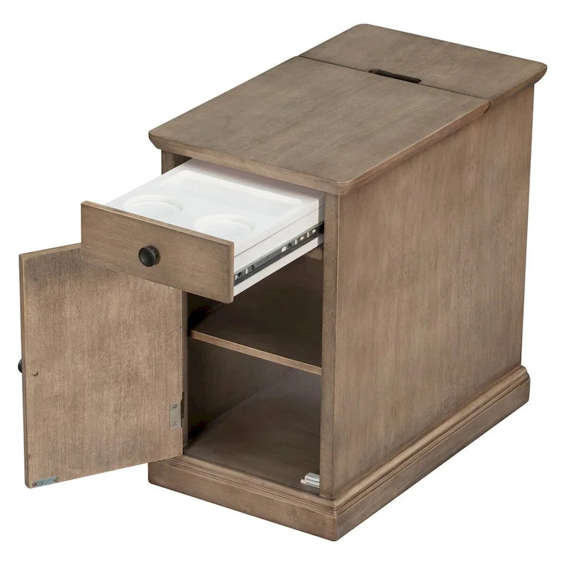 Retro-Inspired Living Room Side Table with USB Ports, Multifunctional Drawer, and Cup Holders 7