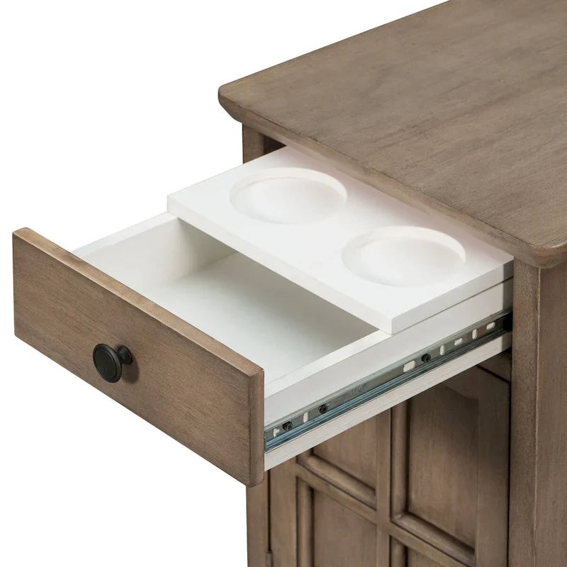 Retro-Inspired Living Room Side Table with USB Ports, Multifunctional Drawer, and Cup Holders 8