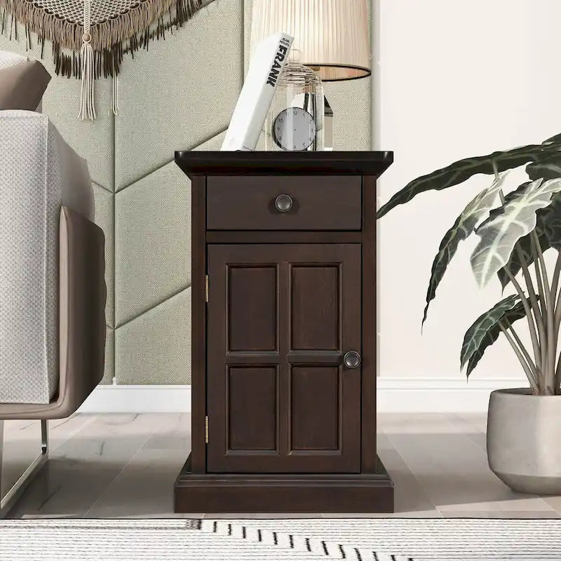 Retro-Inspired Living Room Side Table with USB Ports, Multifunctional Drawer, and Cup Holders 11