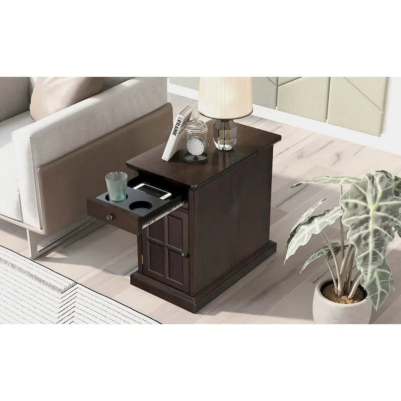 Retro-Inspired Living Room Side Table with USB Ports, Multifunctional Drawer, and Cup Holders 12