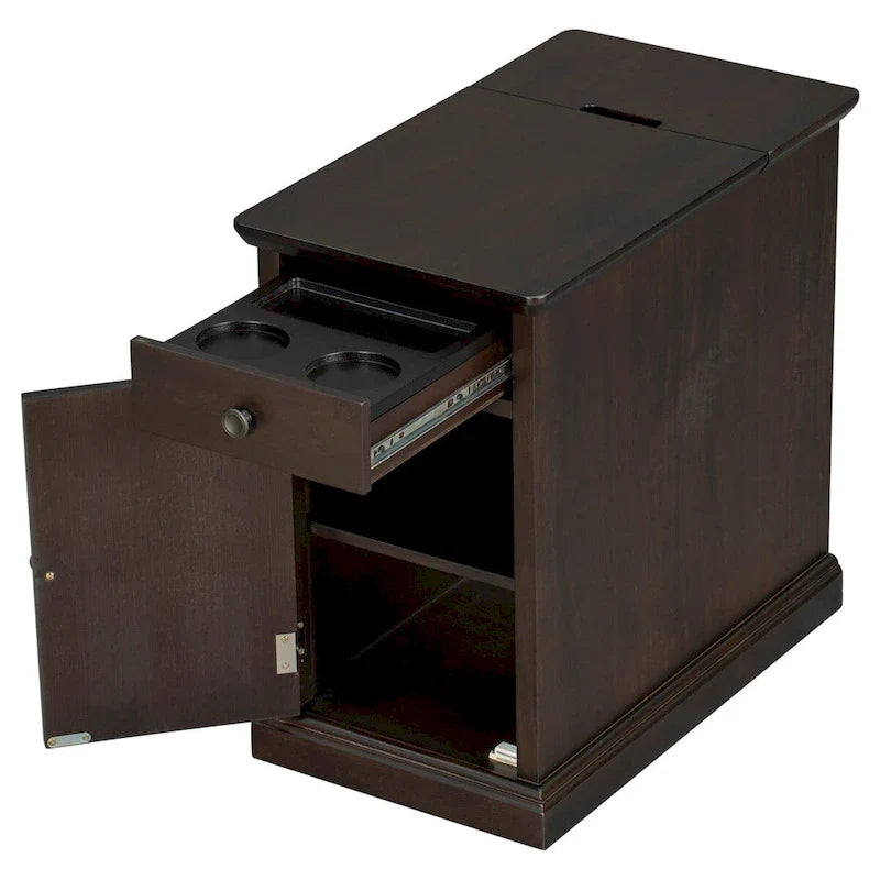 Retro-Inspired Living Room Side Table with USB Ports, Multifunctional Drawer, and Cup Holders 15