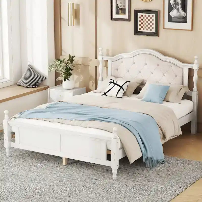 Queen Size Upholstered Bed with Headboard and Footboard, Featuring Dual Bed Rail Support Feet and Central Platform Support 17