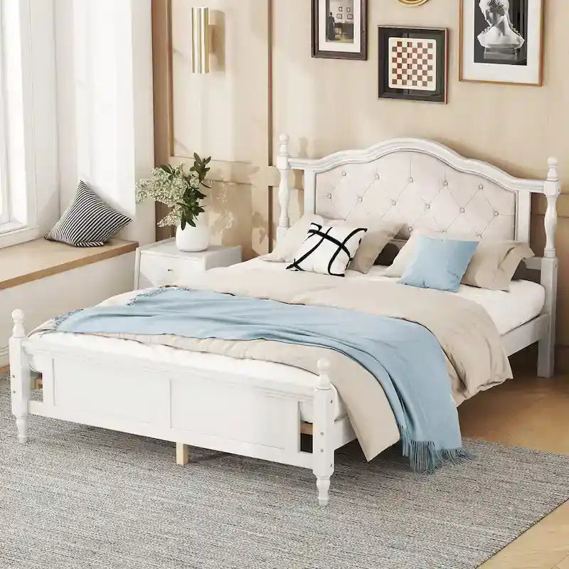 Queen Size Upholstered Bed with Headboard and Footboard, Featuring Dual Bed Rail Support Feet and Central Platform Support 1