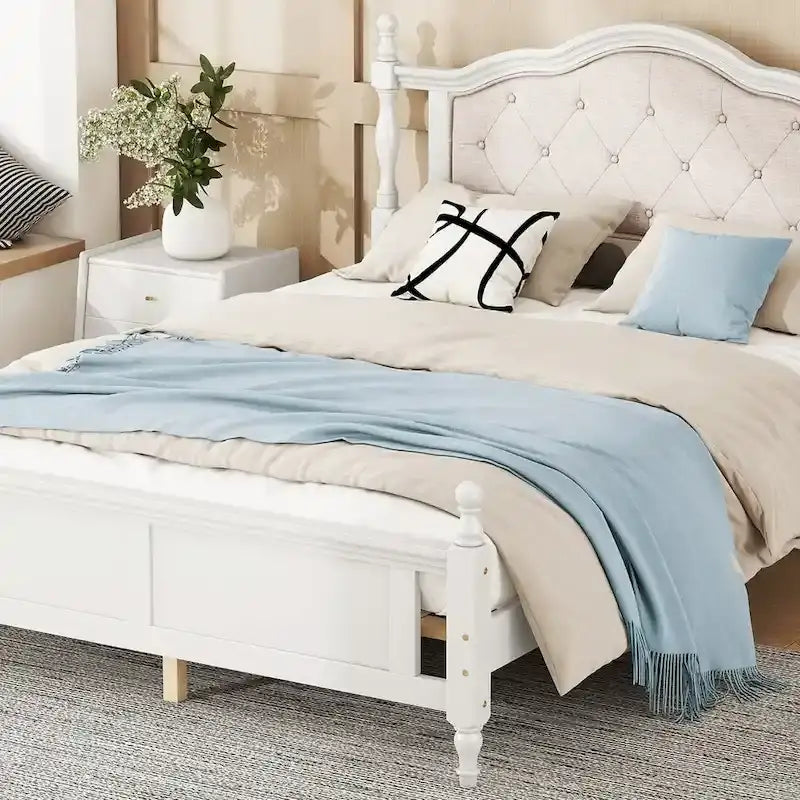 Queen Size Upholstered Bed with Headboard and Footboard, Featuring Dual Bed Rail Support Feet and Central Platform Support 2