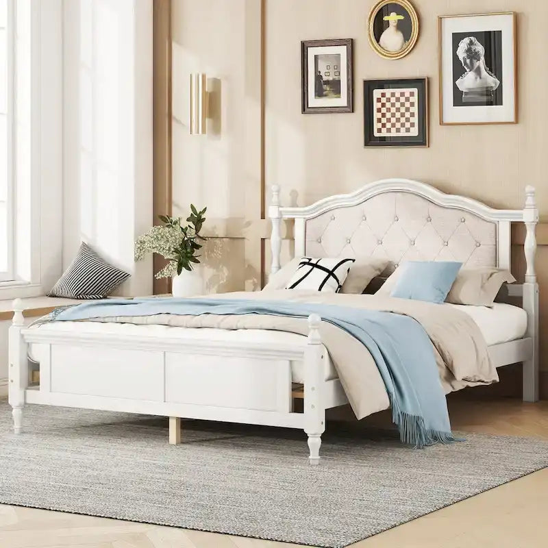 Queen Size Upholstered Bed with Headboard and Footboard, Featuring Dual Bed Rail Support Feet and Central Platform Support 4