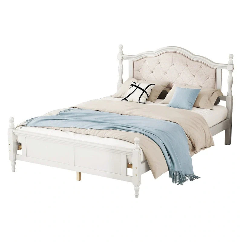 Queen Size Upholstered Bed with Headboard and Footboard, Featuring Dual Bed Rail Support Feet and Central Platform Support 7