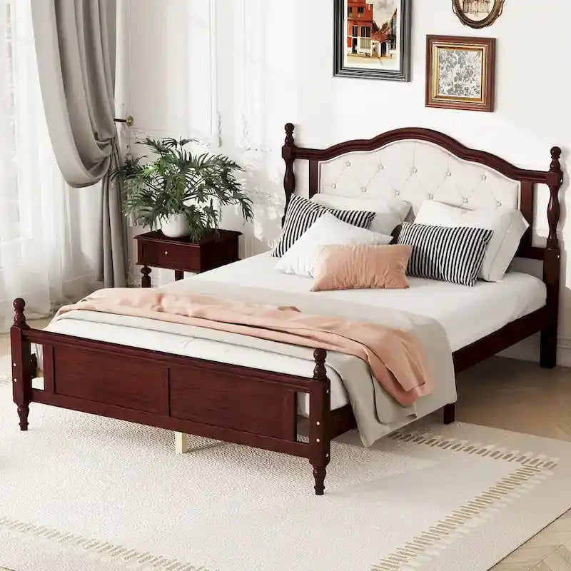 Queen Size Upholstered Bed with Headboard and Footboard, Featuring Dual Bed Rail Support Feet and Central Platform Support 11