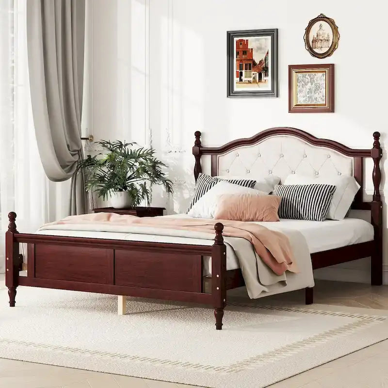 Queen Size Upholstered Bed with Headboard and Footboard, Featuring Dual Bed Rail Support Feet and Central Platform Support 12