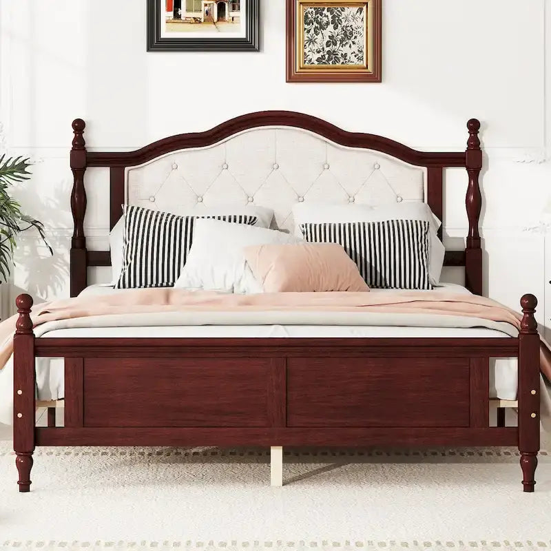 Queen Size Upholstered Bed with Headboard and Footboard, Featuring Dual Bed Rail Support Feet and Central Platform Support 13