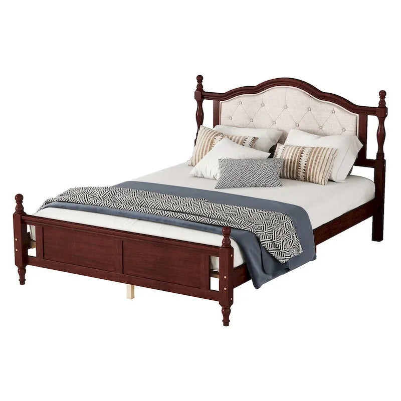 Queen Size Upholstered Bed with Headboard and Footboard, Featuring Dual Bed Rail Support Feet and Central Platform Support 15