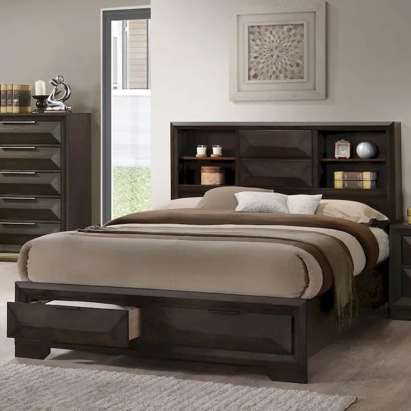 Furniture of America Zuloey Transitional Espresso Wood Platform Bed with Bookcase Headboard and Storage Drawers 1
