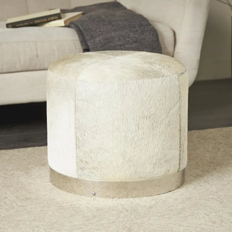Gray Leather Patchwork Living Room Stool with Silver Metal Base - Roche River Decor 2