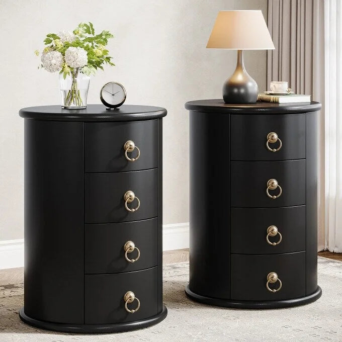 Round Solid Wood Nightstand with 4 Drawers 4