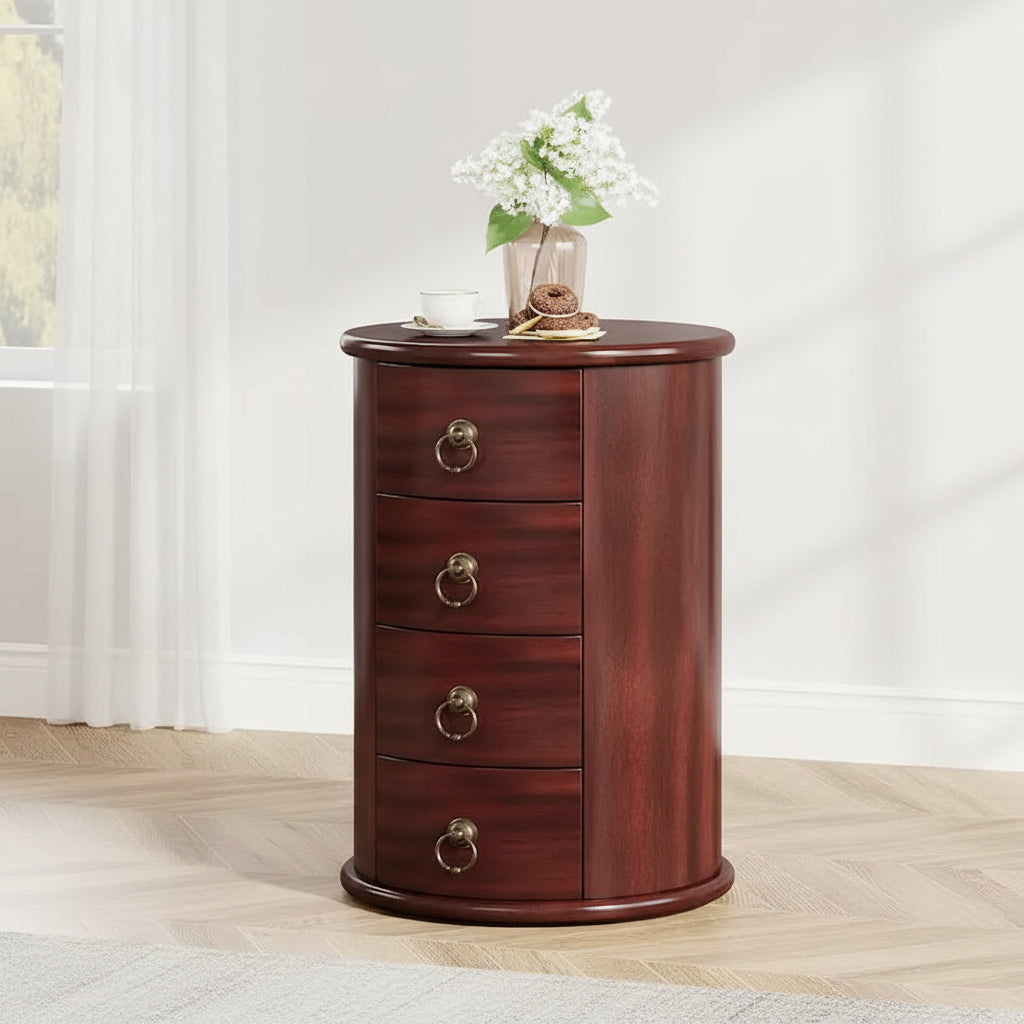 Round Solid Wood Nightstand with 4 Drawers 1