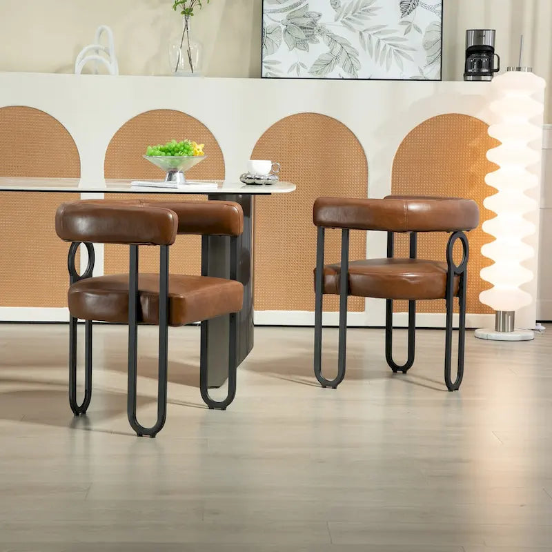 Set of 2 Contemporary PU Fabric Upholstered Barrel Accent Chairs - Stylish Dining and Living Room Armchairs 2