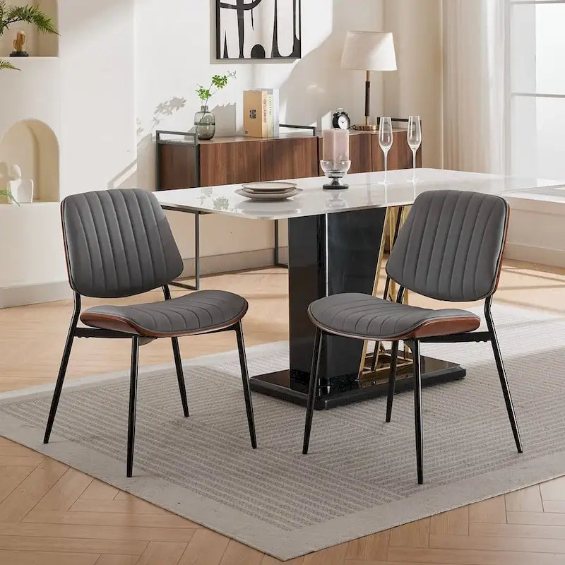 Set of 2 Retro Linen Dining Chairs with Bentwood Backs and Metal Legs 9