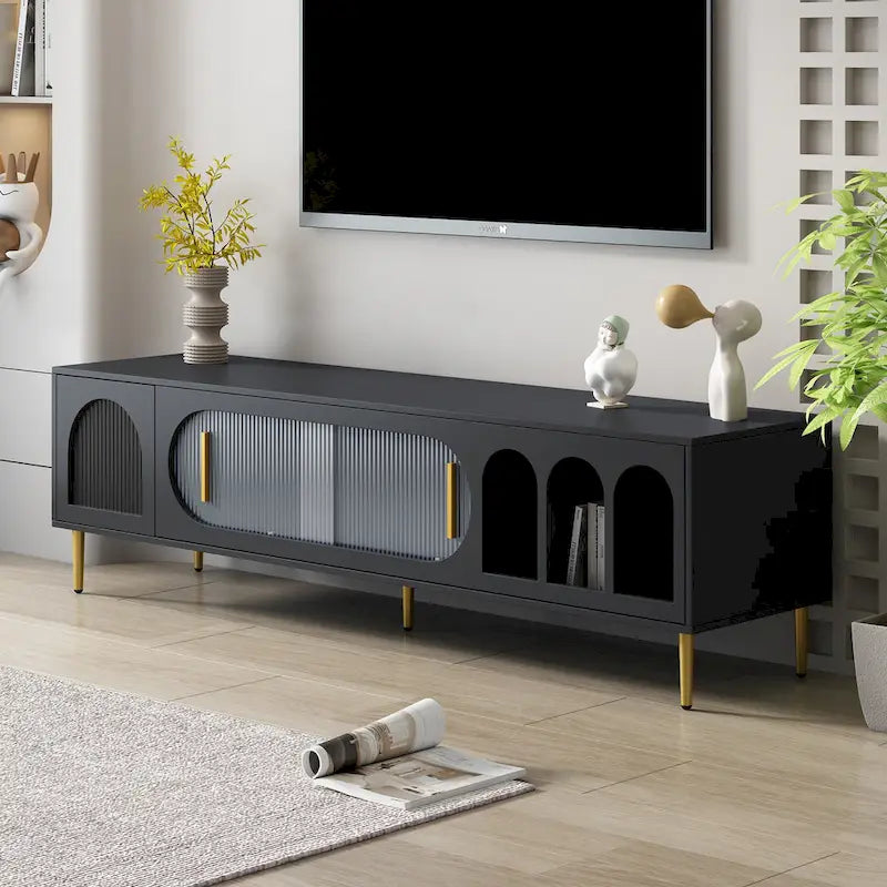 Contemporary TV Stand for 70-Inch and Larger TVs, Entertainment Center Media Console with 3 Shelves and 2 Cabinets 1