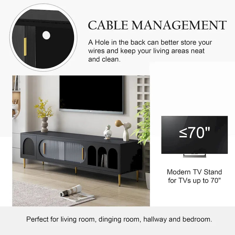 Contemporary TV Stand for 70-Inch and Larger TVs, Entertainment Center Media Console with 3 Shelves and 2 Cabinets 4