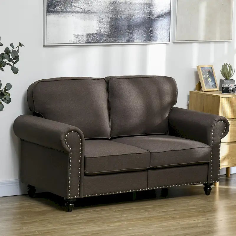HOMCOM 61-Inch Mid-Century Modern Loveseat Sofa - Stylish 2-Seater Couch with Nailhead Trim and Rolled Arms, Upholstered in Fabric 17