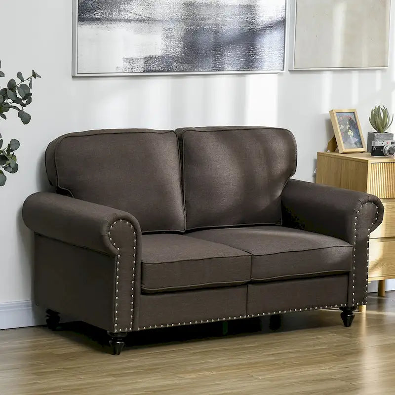 HOMCOM 61-Inch Mid-Century Modern Loveseat Sofa - Stylish 2-Seater Couch with Nailhead Trim and Rolled Arms, Upholstered in Fabric 1
