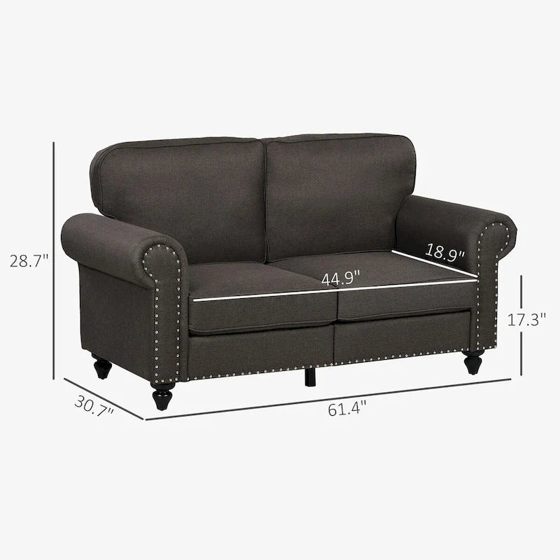 HOMCOM 61-Inch Mid-Century Modern Loveseat Sofa - Stylish 2-Seater Couch with Nailhead Trim and Rolled Arms, Upholstered in Fabric 3