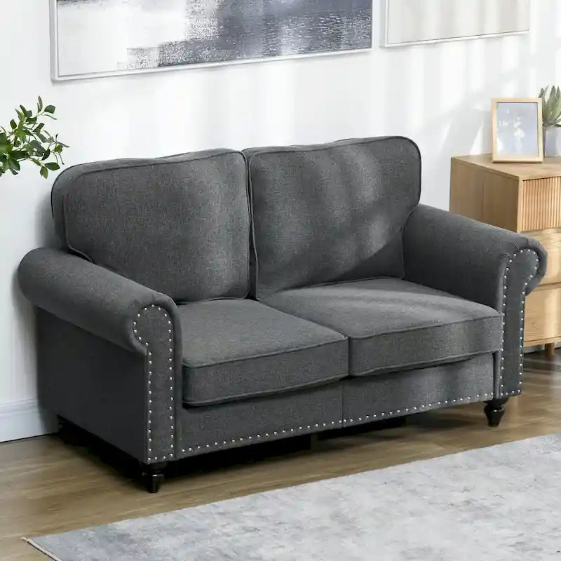 HOMCOM 61-Inch Mid-Century Modern Loveseat Sofa - Stylish 2-Seater Couch with Nailhead Trim and Rolled Arms, Upholstered in Fabric 9