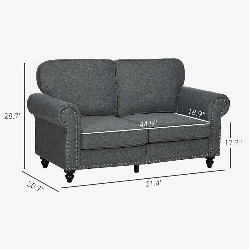 HOMCOM 61-Inch Mid-Century Modern Loveseat Sofa - Stylish 2-Seater Couch with Nailhead Trim and Rolled Arms, Upholstered in Fabric 11