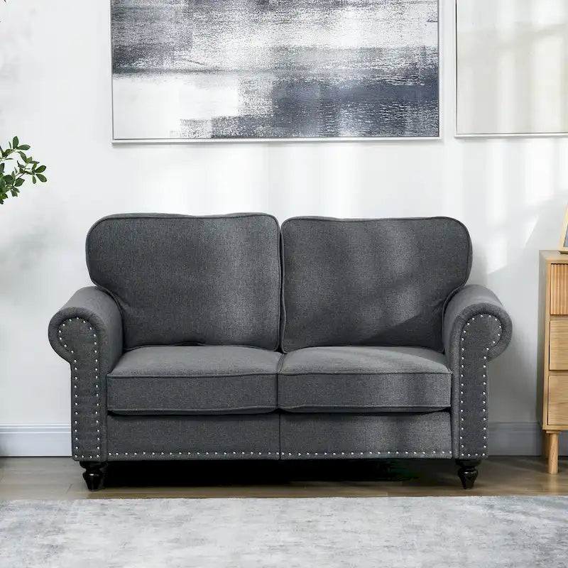 HOMCOM 61-Inch Mid-Century Modern Loveseat Sofa - Stylish 2-Seater Couch with Nailhead Trim and Rolled Arms, Upholstered in Fabric 14
