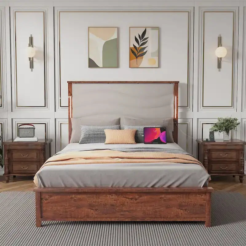 King Size Upholstered Bed Frame with Integrated Charging Station 1