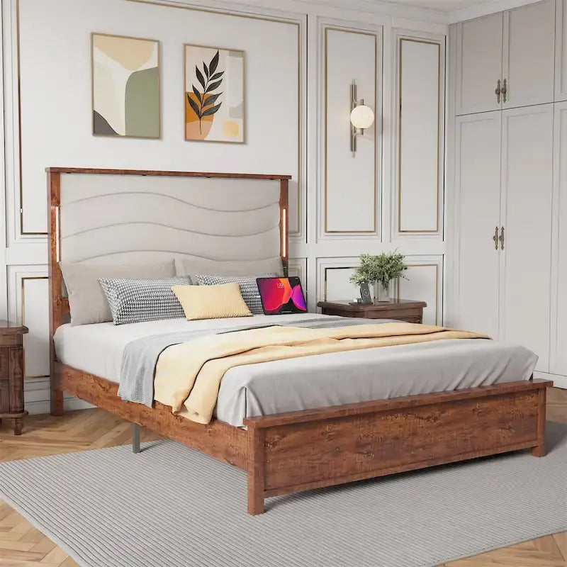 King Size Upholstered Bed Frame with Integrated Charging Station 2
