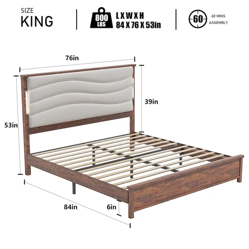 King Size Upholstered Bed Frame with Integrated Charging Station 3