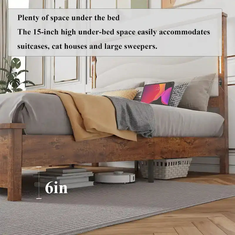 King Size Upholstered Bed Frame with Integrated Charging Station 6