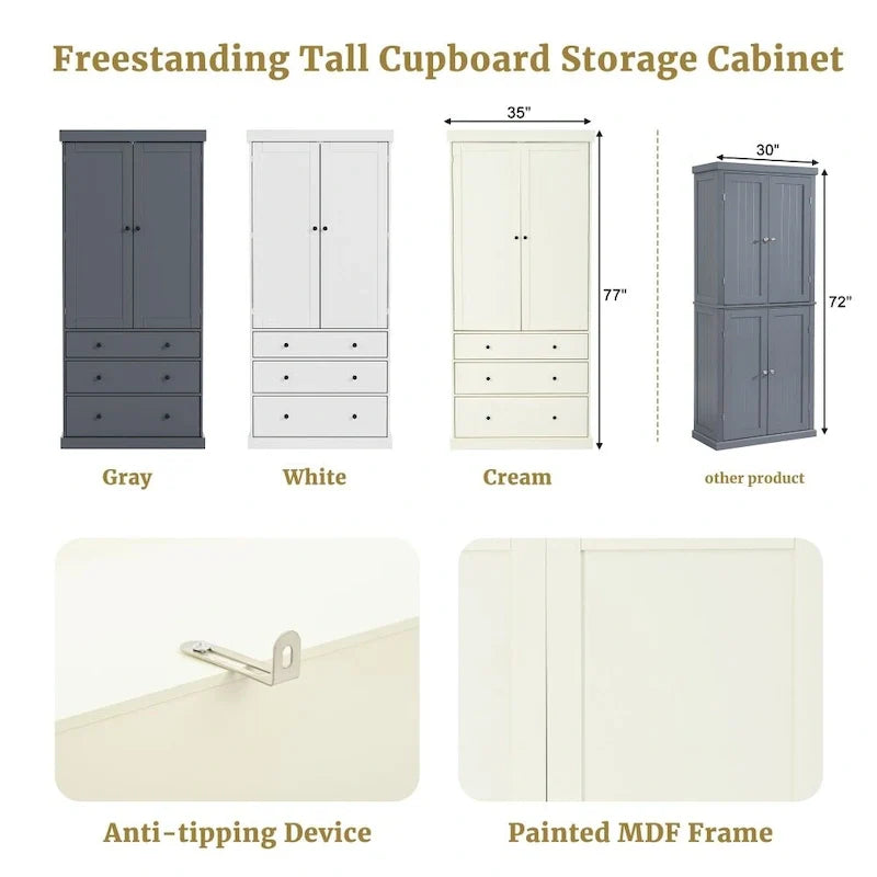 77-Inch Freestanding Tall Pantry Cabinet - Farmhouse Style Kitchen Storage 7