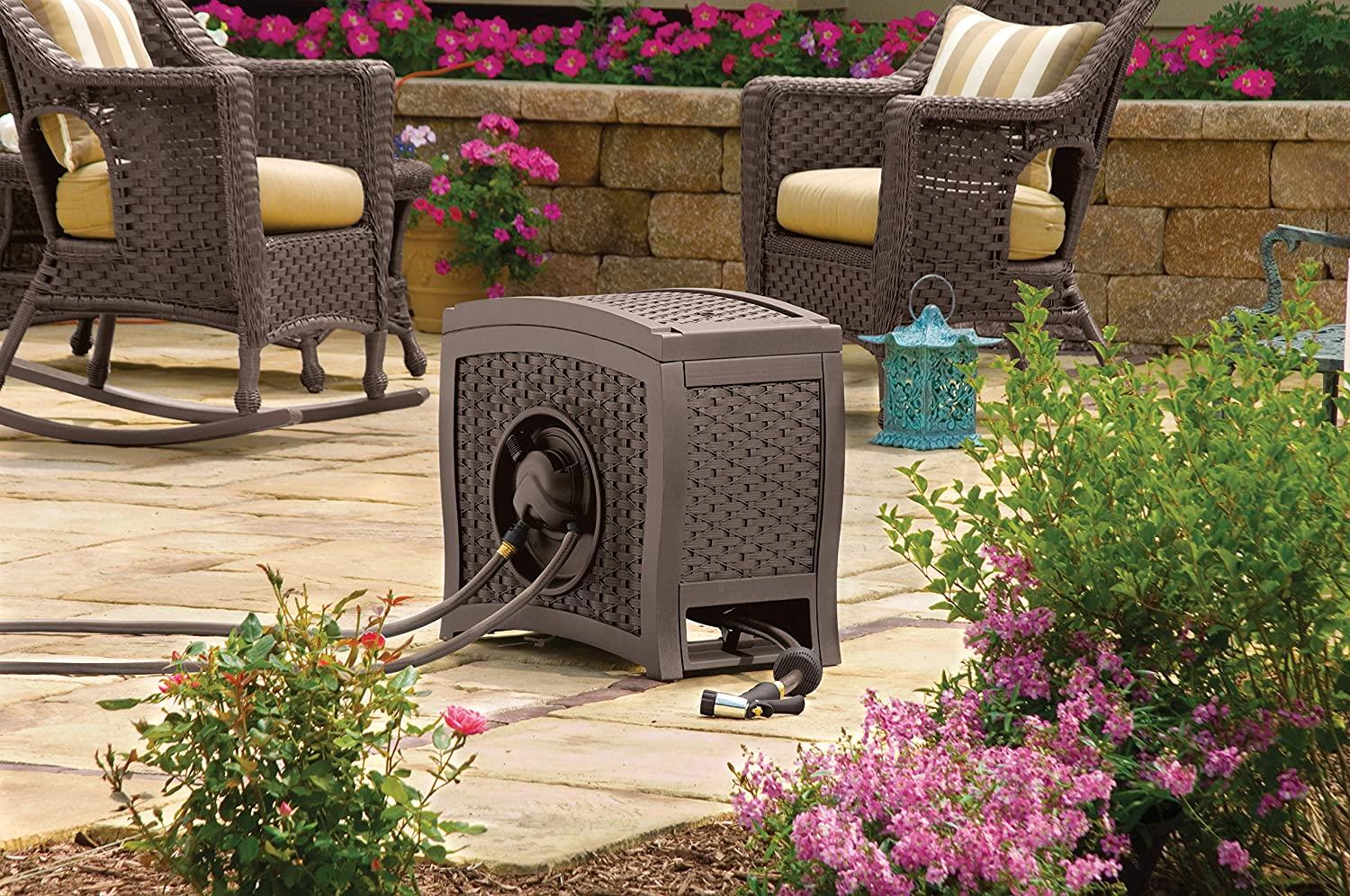 Suncast Aquawinder 125 Wicker Garden Hose Reel Lightweight Portable Hands Free Water Powered Retractable Hose Reel Java 2
