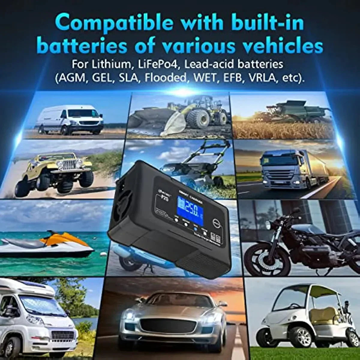 25-Amp Smart Battery Charger,Lithium,LiFePO4,Lead-Acid AGM/Gel/SLA.. Car Battery Charger,Trickle Charger, Maintainer/deep Cycle Charger,12V/25A and 24V/13A,for Motorcy,Boat,Lawn Mower,Golf cart.. 6