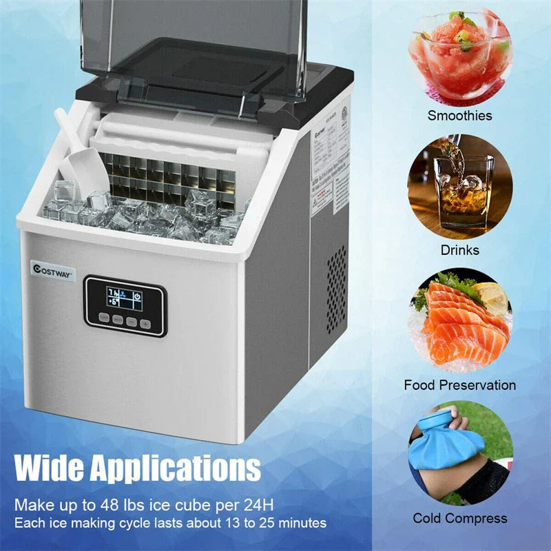 48LBS/24H Stainless Steel Countertop Ice Maker Machine with Self-Clean Function LCD Display Ice Scoop Basket 3