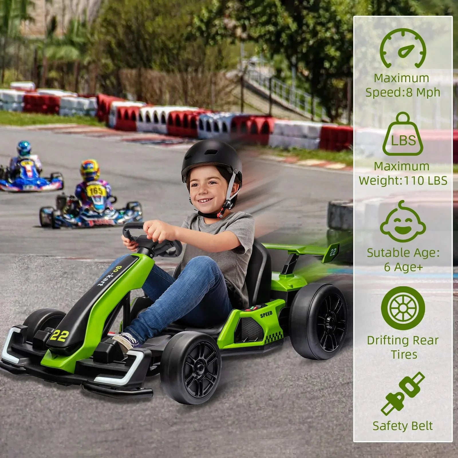 24V Electric Go Kart, with 300W Strong Motor, Drift/Sport Mode, Big Battery, Eva Tire,Length Adjustmen for Outdoor Racing Toy-Green 13