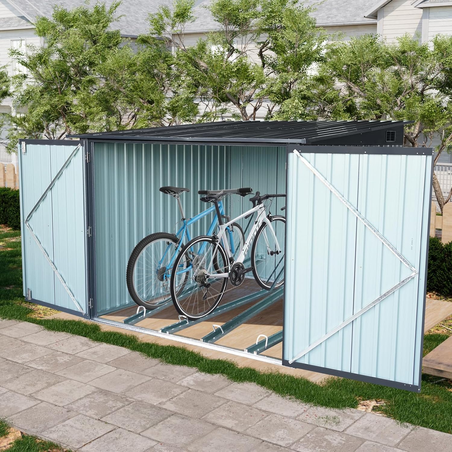 5-foot outdoor steel bicycle storage shed with a sloping roof and 4 bicycle tracks. Bicycle storage shed, black version. 2
